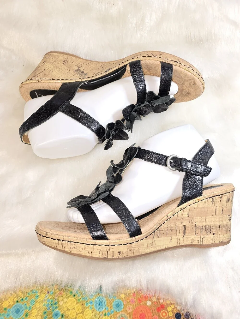 BOC Women's Black Floral Cork Wedge Sandals